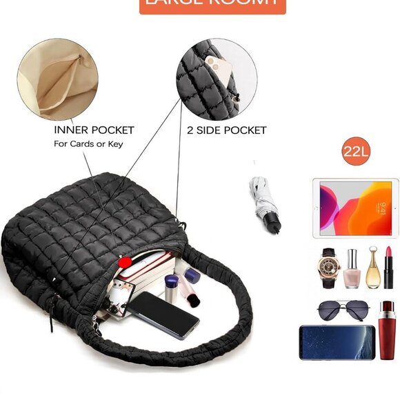 Quilted Puffer Tote Bag Nylon Large Capacity Travel Gym Shoulder Bag - Picture 3 of 7